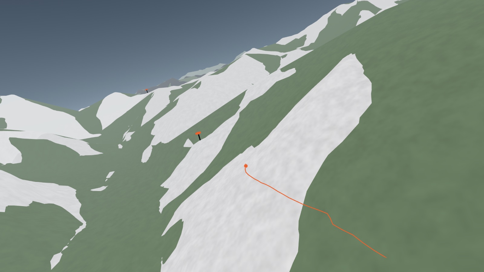 The UTMB course above the Val Ferret, snow gullies and the orange route line